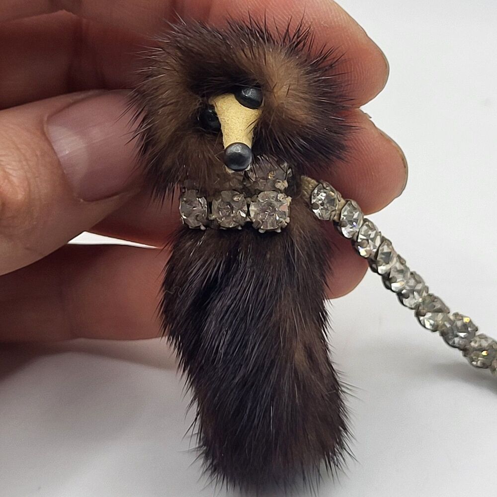 1960s Genuine Mink Fur Poodle Dog Rhinestone Chain and Mink Bow Pin / Brooch Set